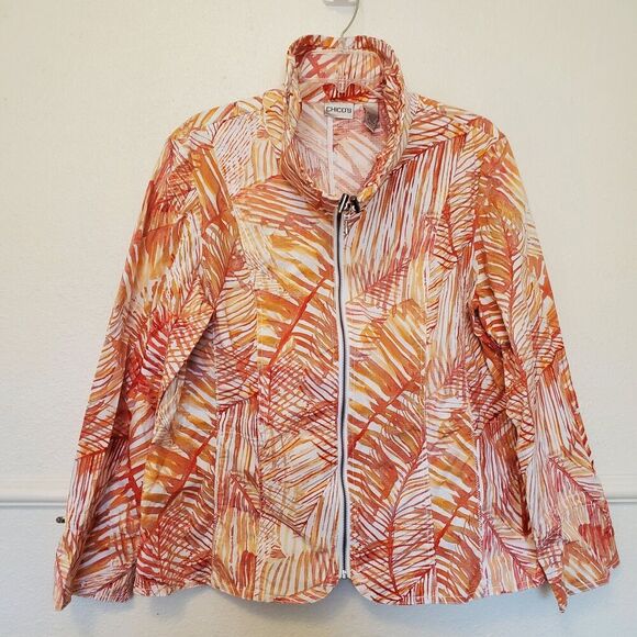 Chicos 3 Womens Sz XL/16 Orange Leaf Tropical Palm Full Zip Lightweight Jacket - Picture 1 of 16